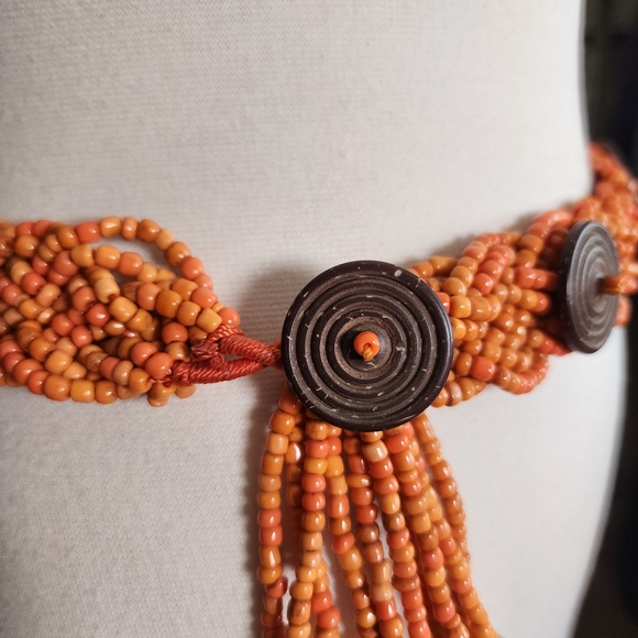 Boho Beaded Belt in Orange with Coconut Button Closures And Acrylic Bead Accents - Picture 8 of 9